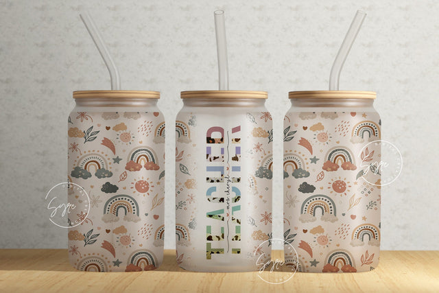 Teacher Tumbler Wrap PNG, Add Teacher Name, Teacher Glass Can, Gift for Teacher, Boho Design, Rainbow Design, 16 oz Libbey Glass Can Tumbler Sublimation Syre Digital Creations 