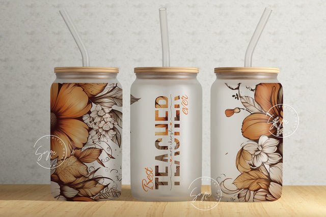 Teacher Tumbler Wrap PNG, Add Teacher Name, Teacher Glass Can, Gift for Teacher, Flower Design, Floral Glass, 16 oz Libbey Glass Can Tumbler Sublimation Syre Digital Creations 
