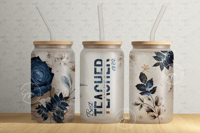 Teacher Tumbler Wrap PNG, Add Teacher Name, Teacher Glass Can, Gift for Teacher, Flower Design, Floral Glass, 16 oz Libbey Glass Can Tumbler Sublimation Syre Digital Creations 
