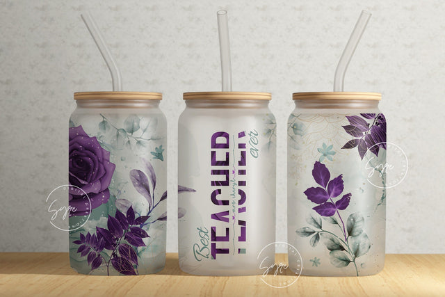 Teacher Tumbler Wrap PNG, Add Teacher Name, Teacher Glass Can, Gift for Teacher, Flower Design, Floral Glass, 16 oz Libbey Glass Can Tumbler Sublimation Syre Digital Creations 