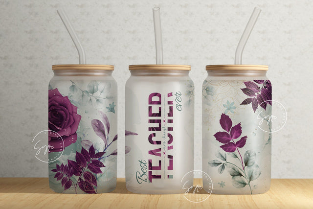 Teacher Tumbler Wrap PNG, Add Teacher Name, Teacher Glass Can, Gift for Teacher, Flower Design, Floral Glass, 16 oz Libbey Glass Can Tumbler Sublimation Syre Digital Creations 