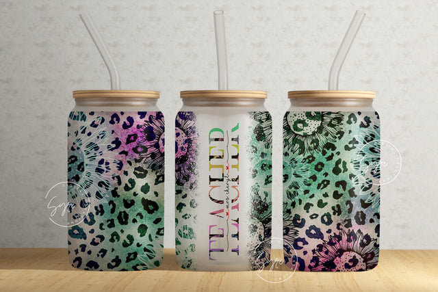 Teacher Tumbler Wrap PNG, Add Teacher Name, Teacher Glass Can, Gift for Teacher, Sunflower, Leopard Pattern, 16 oz Libbey Glass Can Tumbler Sublimation Syre Digital Creations 