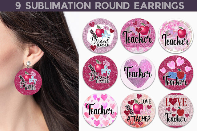 Teacher Valentines Round Earrings Bundle Sublimation WatercolorColorDream 