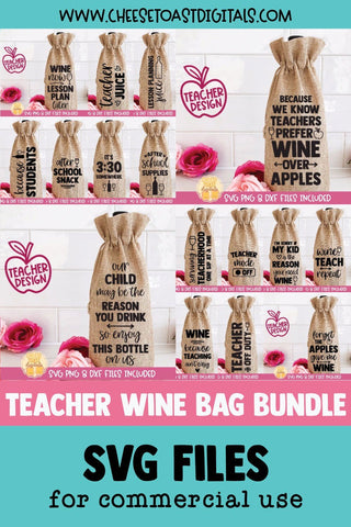 Teacher Wine Bag SVG Bundle | 16 Back to School Designs SVG Cheese Toast Digitals 