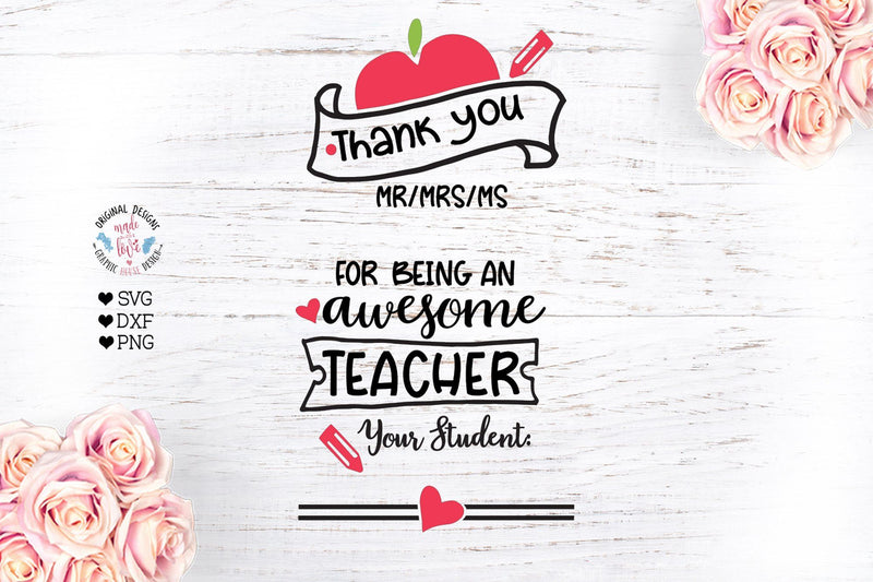 Teacher's thank you Appreciation Cut File - So Fontsy