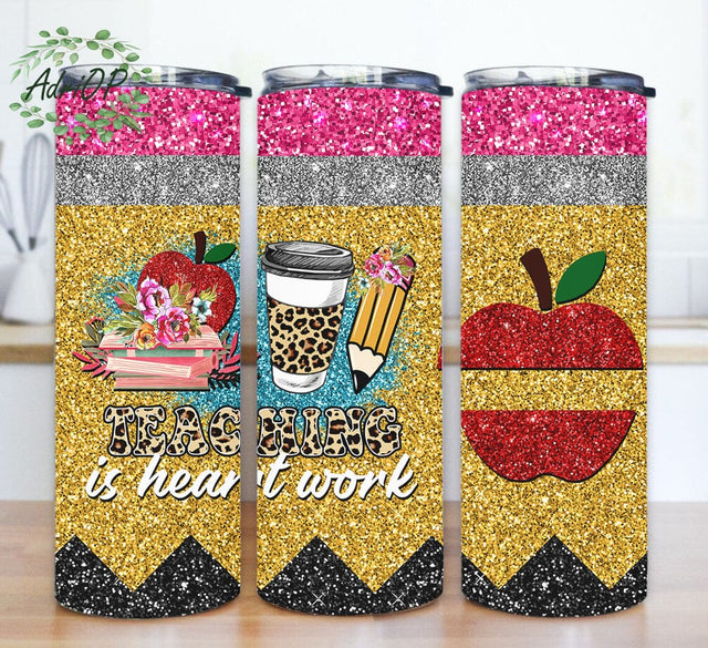 Teaching Is A Work Of Heart Tumbler Png, Teacher 20oz Tumbler Template, Teacher Pencil Glitter Tumbler Wrap, Teacher Appreciation Gifts, Teacher Life Tumbler Design, Digital Download Sublimation AdriOP 