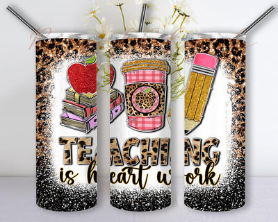 Teaching Is Heart Work 20oz Skinny Tumbler Png, Leopard Pencil School Png, School Tumbler, Book Png, Back To School Png, Glitter Leopard Png Sublimation PixelChick 