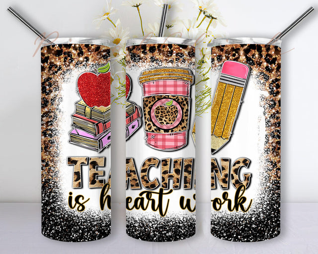 Teaching Is Heart Work 20oz Skinny Tumbler Png, Leopard Pencil School Png, School Tumbler, Book Png, Back To School Png, Glitter Leopard Png Sublimation PixelChick 