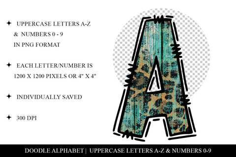 Teal Doodle Letters, Leopard Print Sublimation PNG Letters Sublimation BijouBay 