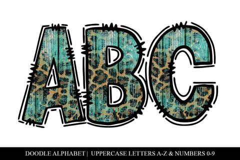 Teal Doodle Letters, Leopard Print Sublimation PNG Letters Sublimation BijouBay 