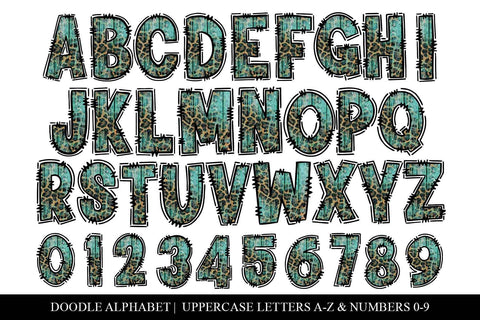 Teal Doodle Letters, Leopard Print Sublimation PNG Letters Sublimation BijouBay 
