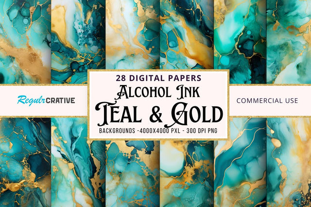 Teal & Gold Alcohol Ink Backgrounds bundle Sublimation Regulrcrative 