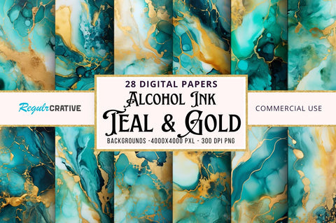 Teal & Gold Alcohol Ink Backgrounds bundle Sublimation Regulrcrative 