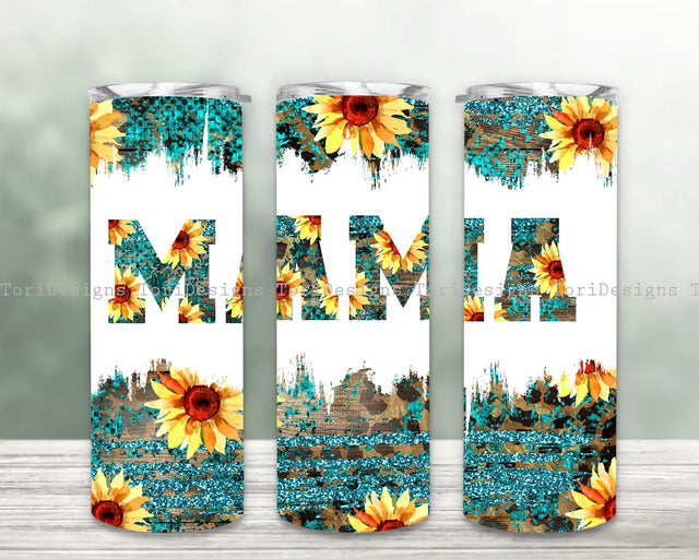 Teal Gold Glitter Mama Tumbler Wrap PNG Sunflower Mom print template Skinny Tumbler 20oz Sublimation ToriDesigns 