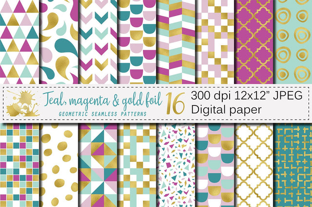 Teal, Magenta and Gold Foil Seamless Geometric Patterns Digital Pattern VR Digital Design 