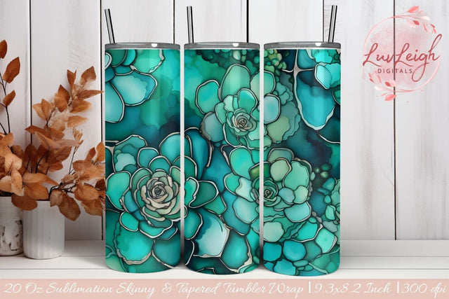 Teal Succulents Tumbler wrap Sublimation Luvleigh Digitals 