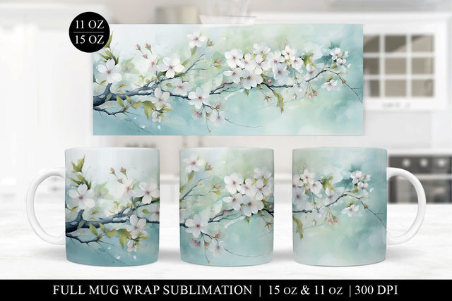 Teal Watercolor Cherry Blossom Mug Wrap Sublimation Design Sublimation BijouBay 
