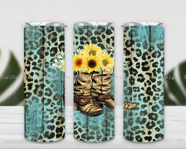Teal Wood Leopard Cowboy Boots Sunflower Tumbler Designs for 20oz Skinny Tumbler Sublimation PNG Sublimation ToriDesigns 