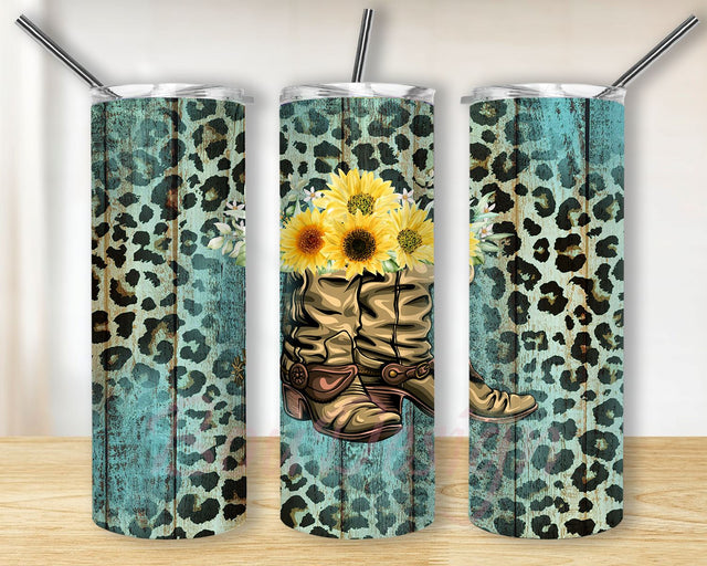 Teal Wood Leopard Cowboy Boots Sunflower Tumbler Designs for 20oz Skinny Tumbler Sublimation PNG Wrap Tumblers Sublimation BouDesign 