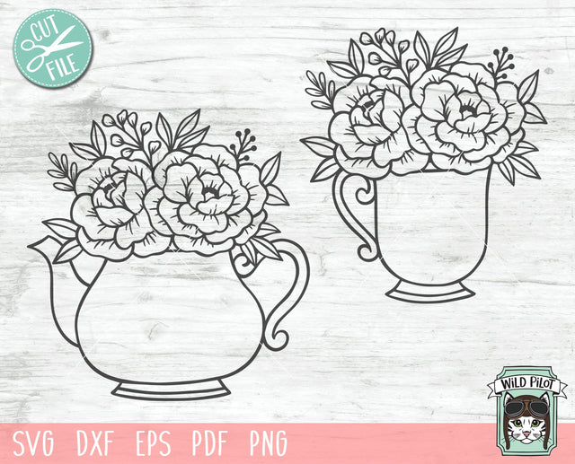 Teapot SVG, Teacup SVG, Tea Pot Flowers SVG Cut File, Tea Cup Flowers SVG, Tea SVG File, Teapot Floral SVG, Tea Cup Floral SVG, Coffee Cup SVG, Tea Cup Cut File SVG Wild Pilot 