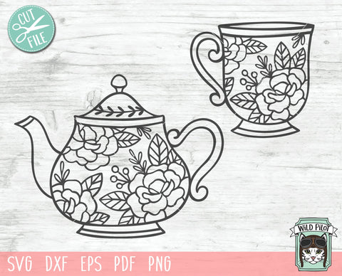 Teapot SVG, Teacup SVG, Tea Pot Flowers SVG, Tea Cup Flowers SVG, Tea SVG File, Teapot Floral SVG, Tea Cup Floral SVG, Coffee Cup SVG, Tea Cup Cut File SVG Wild Pilot 