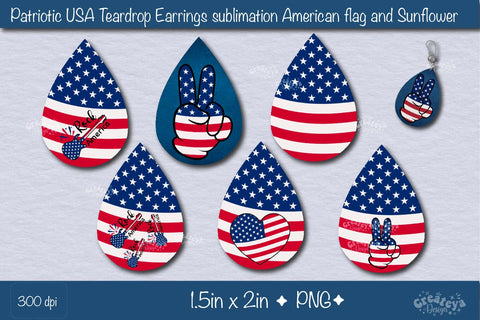 Teardrop earring sublimation bundle| 4th of July Patriotic USA Earrings Sunflower Memorial day PNG Sublimation Createya Design 