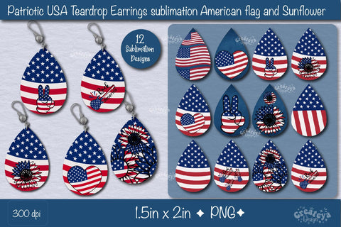 Teardrop earring sublimation bundle| 4th of July Patriotic USA Earrings Sunflower Memorial day PNG Sublimation Createya Design 
