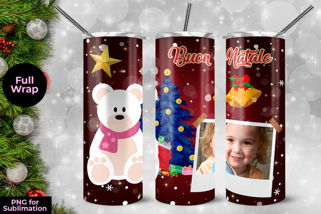 Teddy Bear Buon Natale Frame Skinny Tumbler Wrap Template 20 oz Sublimation Sublimatiz Designs 