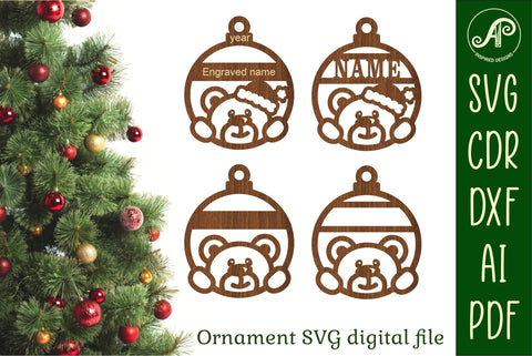 Teddy bear Christmas Ornaments, 2 designs SVG laser cut SVG APInspireddesigns 
