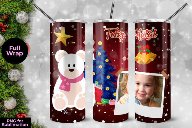 Teddy Bear Feliz Natal Frame Skinny Tumbler Wrap Template 20 oz Sublimation Sublimatiz Designs 