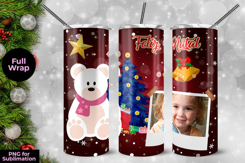 Teddy Bear Feliz Natal Frame Skinny Tumbler Wrap Template 20 oz Sublimation Sublimatiz Designs 