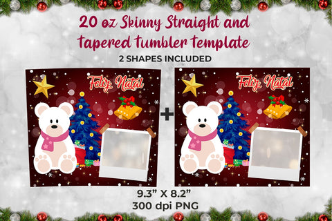 Teddy Bear Feliz Natal Frame Skinny Tumbler Wrap Template 20 oz Sublimation Sublimatiz Designs 