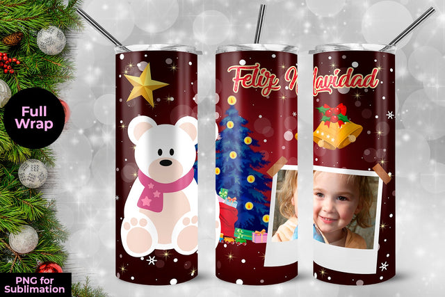 Teddy Bear Feliz Navidad Frame Skinny Tumbler Wrap Template 20 oz Sublimation Sublimatiz Designs 