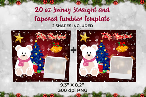 Teddy Bear Feliz Navidad Frame Skinny Tumbler Wrap Template 20 oz Sublimation Sublimatiz Designs 