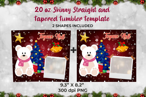 Teddy Bear Joyeux Noël Frame Skinny Tumbler Wrap Template 20 oz Sublimation Sublimatiz Designs 