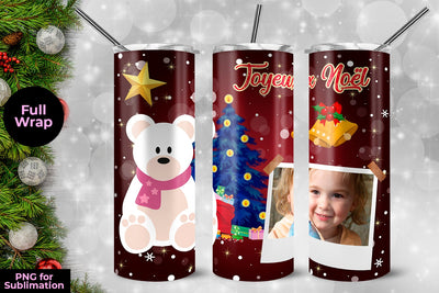 Teddy Bear Joyeux Noël Frame Skinny Tumbler Wrap Template 20 oz Sublimation Sublimatiz Designs 
