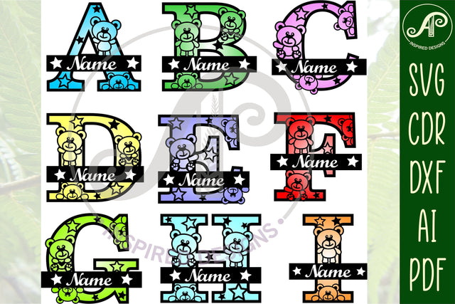 Teddy bear monogram letter Name signs 3 layer design SVG bundle SVG APInspireddesigns 