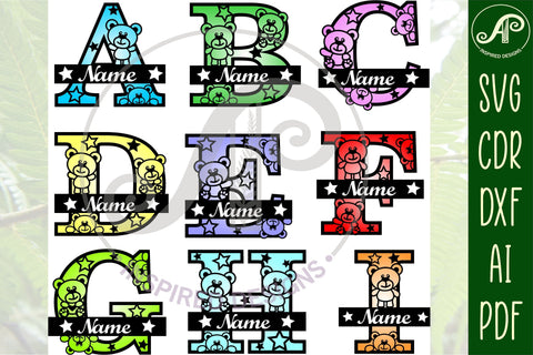 Teddy bear monogram letter Name signs 3 layer design SVG bundle SVG APInspireddesigns 