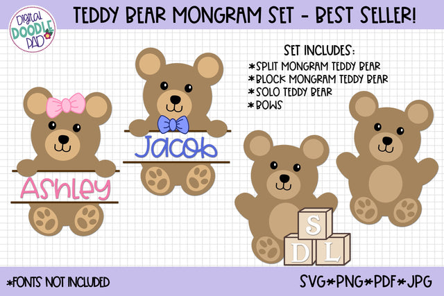 Teddy Bear Monogram SVG Set SVG Digital Doodle Pad 