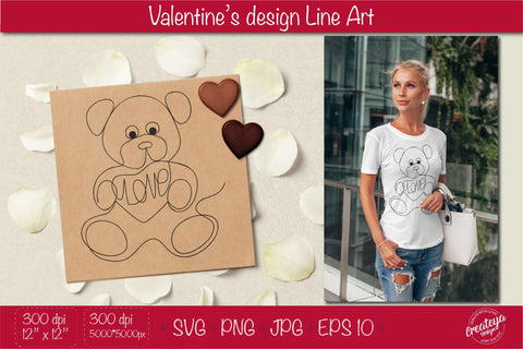 Teddy Bear outline SVG, Line Art SVG illustration, Valentines SVG Createya Design 