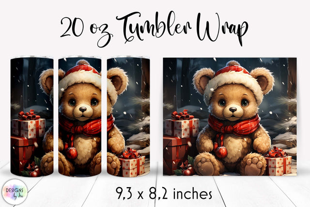 Teddy Bear with Christmas Gifts Tumbler Wrap Design Sublimation Designs by Ira 