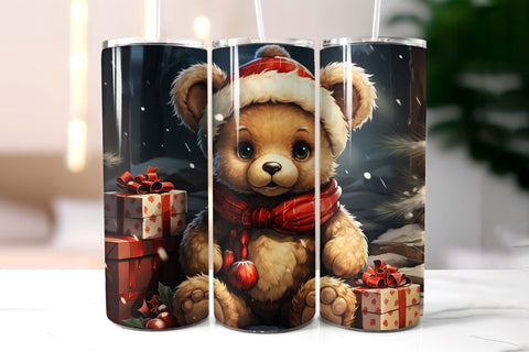 Teddy Bear with Christmas Gifts Tumbler Wrap Design Sublimation Designs by Ira 