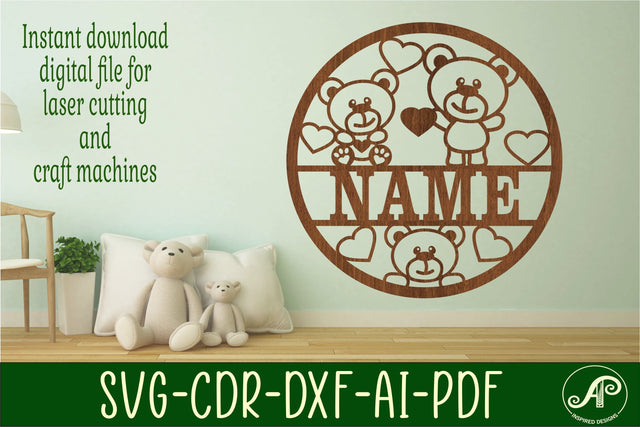 Teddy bear with hearts name sign svg laser cut template SVG APInspireddesigns 