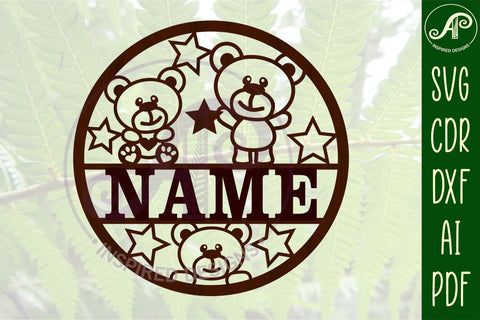 Teddy bear with stars name sign svg laser cut template SVG APInspireddesigns 