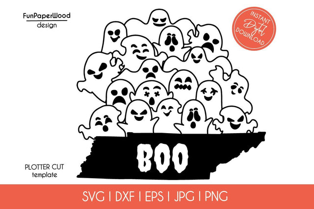 Tennessee TN state map Cute Halloween Boo scary ghosts faces SVG DXF EPS PNG JPEG SVG FunPaperWood 