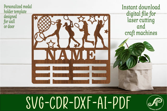Tennis female medal holder Name svg laser cut template SVG APInspireddesigns 