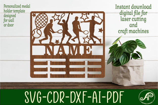 Tennis male medal holder Name svg laser cut template SVG APInspireddesigns 
