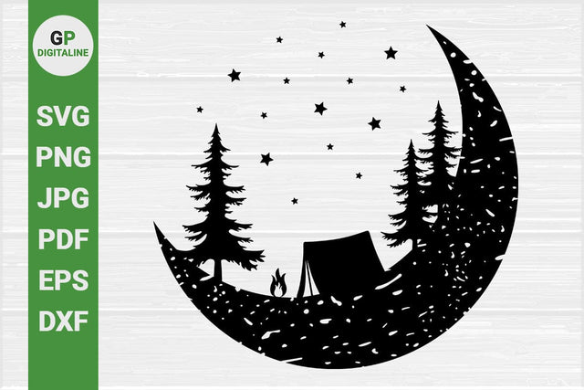 Tent SVG, Camping SVG, Crescent Moon SVG, Campfire SVG, Woods SVG, Forest SVG, Pine Trees SVG, Stars SVG, Night Scene SVG, Nature SVG, Outdoor SVG SVG GPDigitaline 