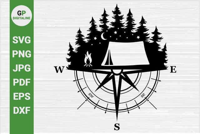 Tent SVG, Compass SVG, Camping SVG, Campfire SVG, Forest SVG, Woods SVG, Pine Trees SVG, Crescent Moon SVG, Stars SVG, Outdoor SVG, Wilderness SVG, Woodland SVG, Nature SVG SVG GPDigitaline 