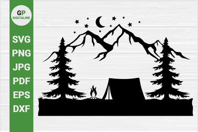 Tent SVG, Wild SVG, Camping SVG, Campfire SVG, Woods SVG, Forest SVG, Crescent Moon SVG, Stars SVG, Mountain SVG, Pine Trees SVG, Outdoor SVG, Wilderness SVG, Woodland, Nature SVG SVG GPDigitaline 